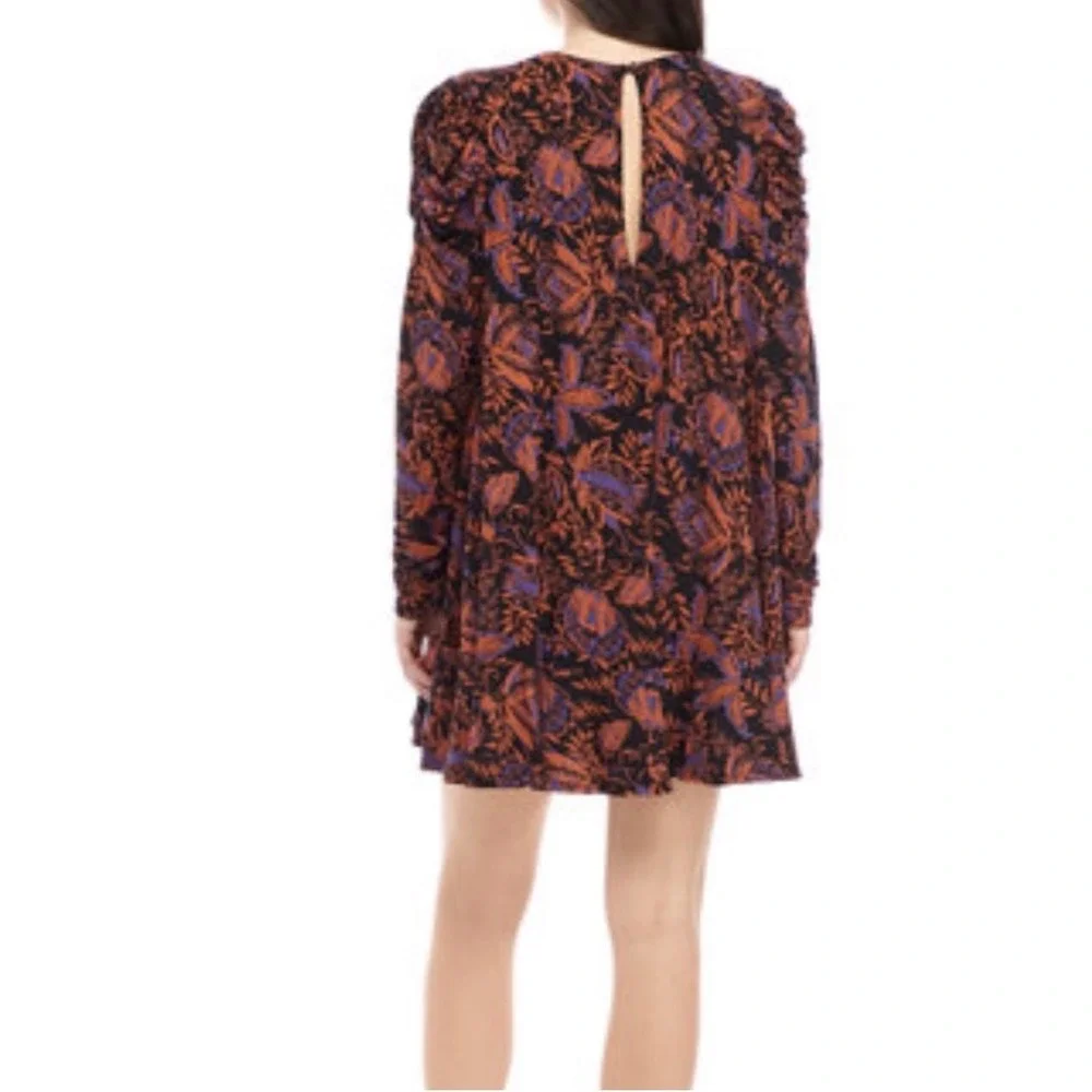 Free People Black& Orange Floral Boho Dress Top Long Sleeve Keyhole‎ Back Small